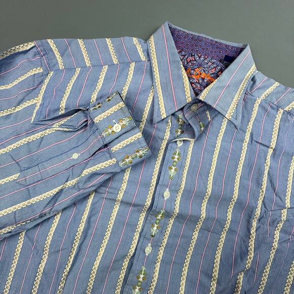 Robert Graham XL Button Up Shirt Blue Stripe Contrast Cuffs Funky - Picture 1 of 11